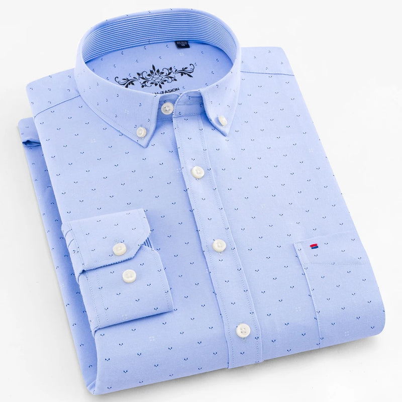 Camisa casual listrada oxford de manga comprida masculina, camisa frontal com bolso no peito, ajuste regular, gola com botão, camisas de trabalho grossas