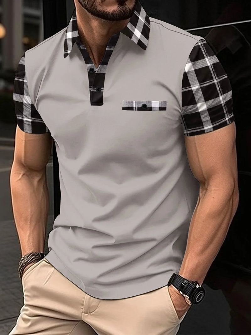 Polo xadrez com estampa masculina, manga curta de botão, confortável, casual, decote em v, nova moda, verão