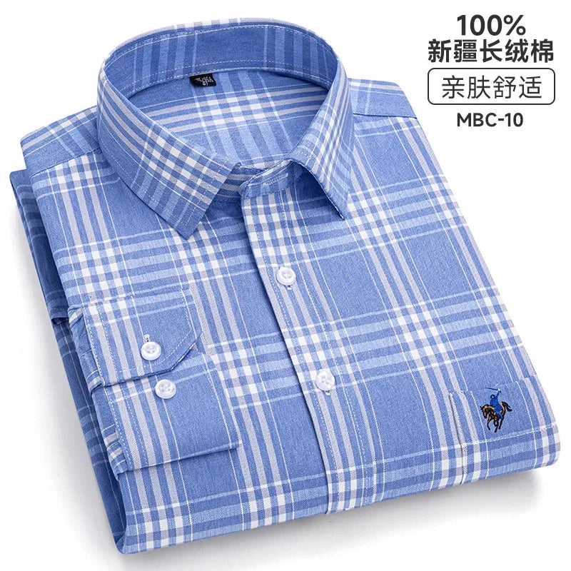 Novo xadrez manga longa camisas para homem algodão clássico verificado primavera turn down collar plus size roupas masculinas camisa macia