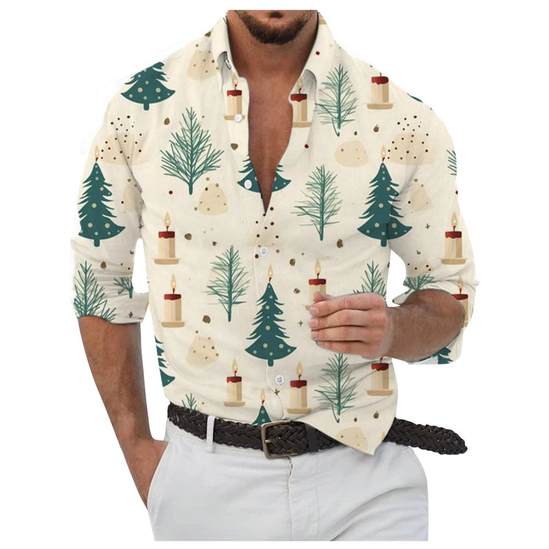 Flocos de neve dourados impressos em 3D masculino Camisa, Abotoados, Manga comprida, Ao ar livre, Colarinho, Roupas, Dia, Dia, 2024