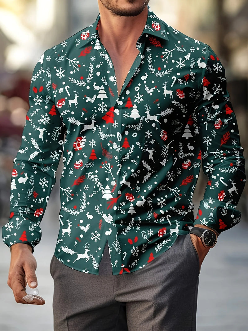 Tema do festival de natal masculino 3d impresso camisas formais árvore de natal papai noel gráfico camisa de manga longa moda masculina