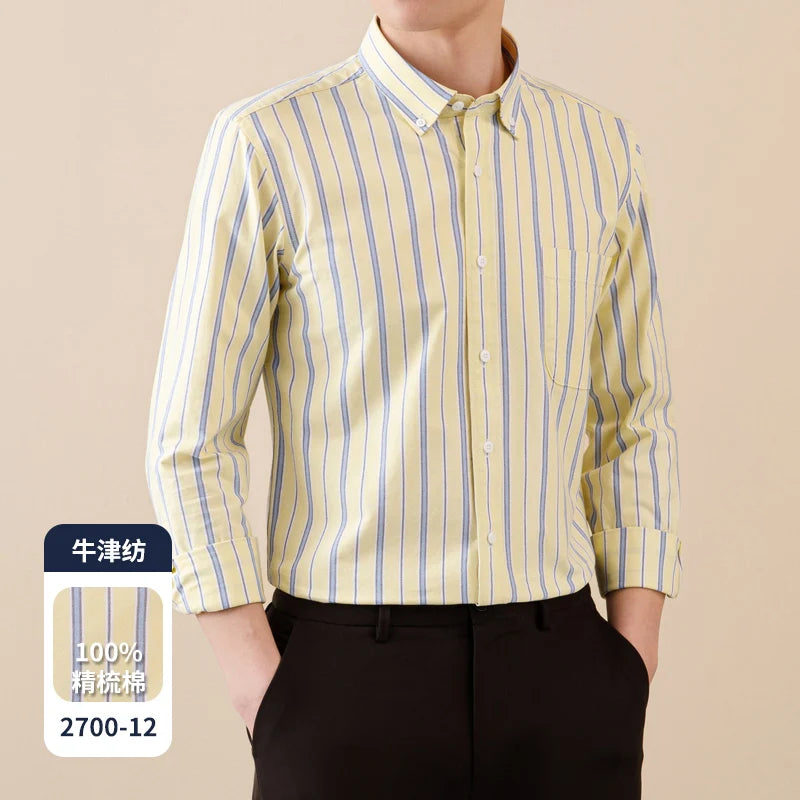 Camisa Oxford de manga comprida masculina, 100% algodão, quadriculada listrada, Oxford, remendo frontal, bolso no peito, abotoado, Versátil, Casual