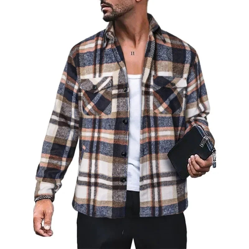 Camisa de cardigã xadrez solta masculina, blusa de manga comprida, de peito único, gola virada para baixo, nova moda, primavera, outono