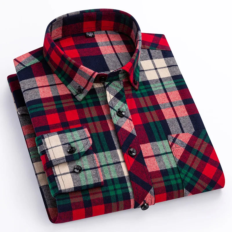 7XL 8XL Plaid Shirts For Men's Long Sleeve Cotton Fashion Single Patch Pocket Design  Casual Standard-Fit Thick Flannel Shirt