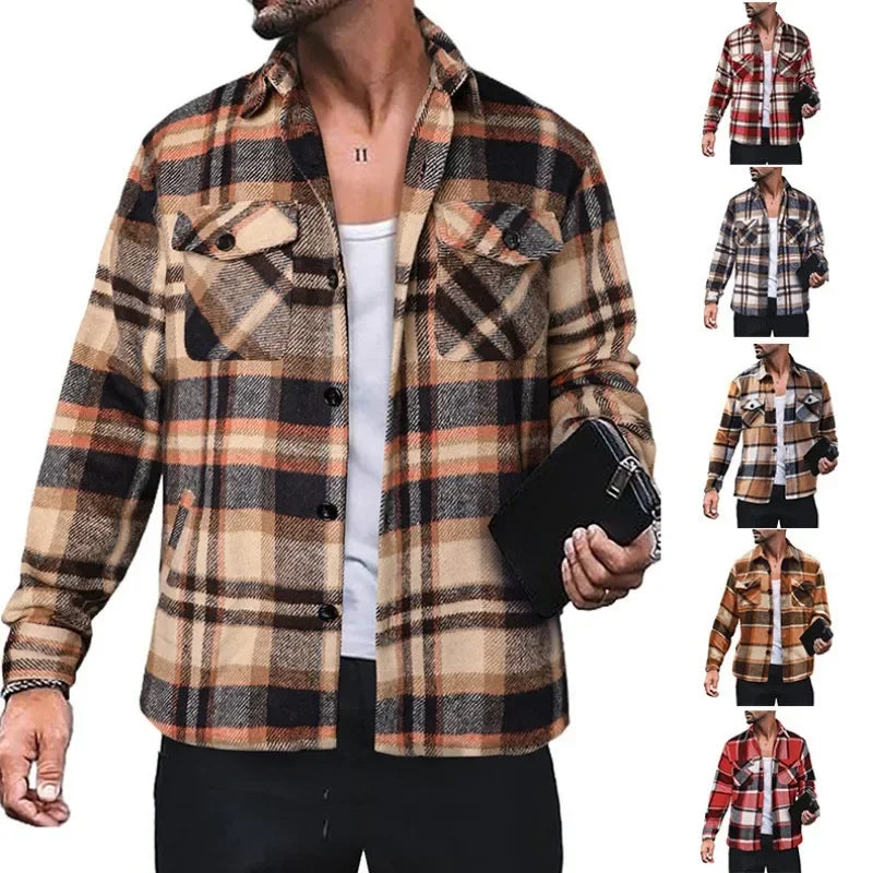 Camisa de cardigã xadrez solta masculina, blusa de manga comprida, de peito único, gola virada para baixo, nova moda, primavera, outono