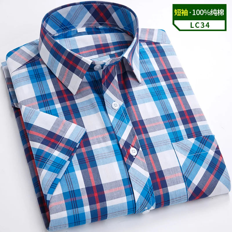 Camisas xadrez de algodão masculina, manga curta, bolso único com remendo, design simples, casual padrão, moda verão, S-8XL