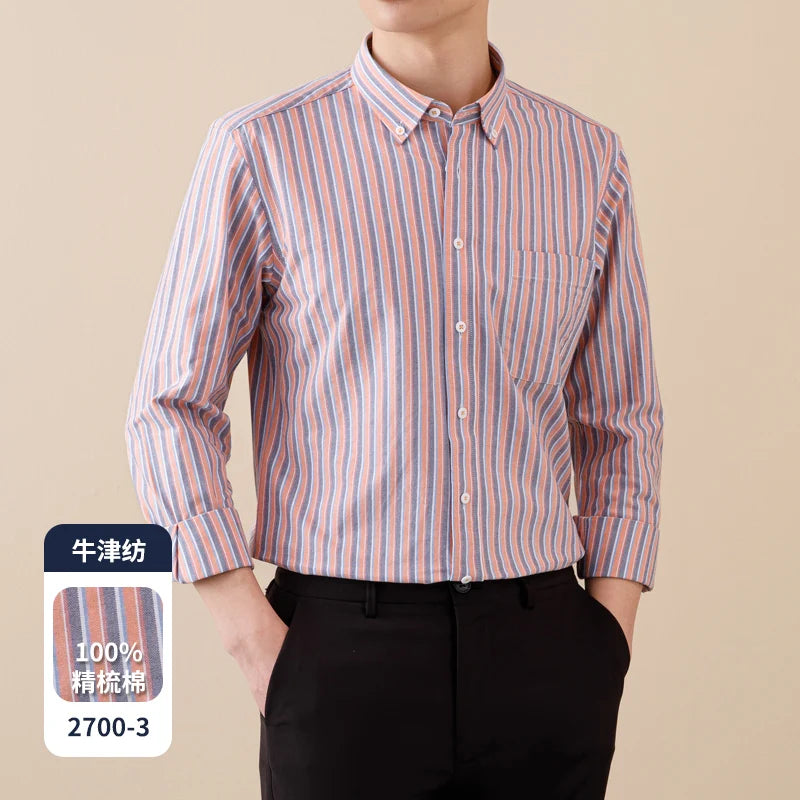 Camisa Oxford de manga comprida masculina, 100% algodão, quadriculada listrada, Oxford, remendo frontal, bolso no peito, abotoado, Versátil, Casual