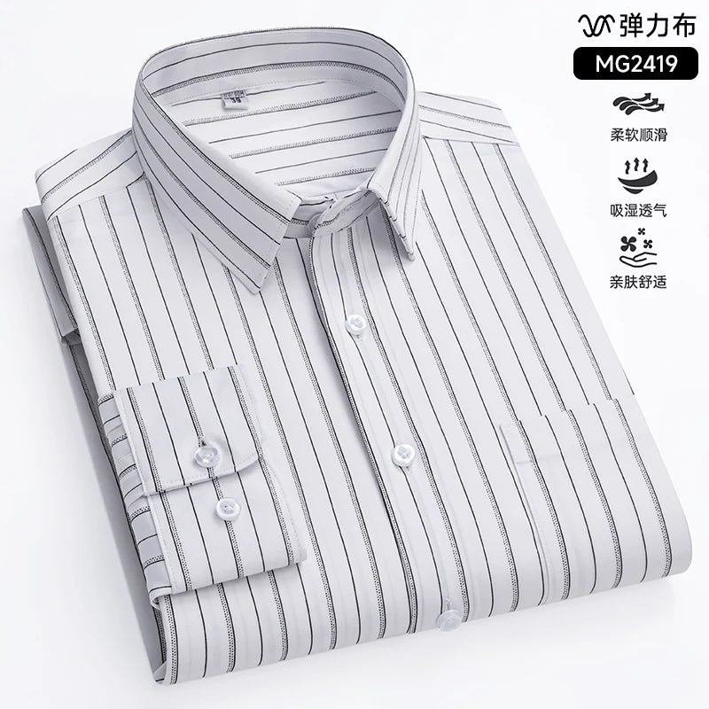 Camisa de manga comprida listrada anti-rugas masculina, camisa xadrez formal, slim fit, stretch, social, negócio, novo, S-5XL