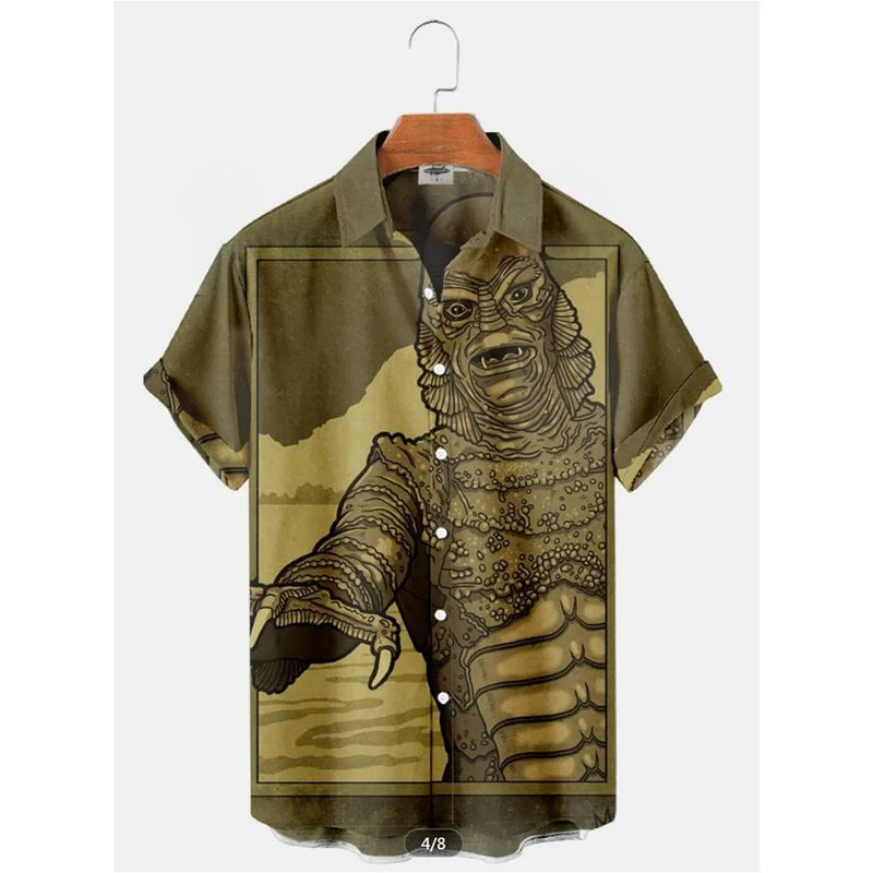 Camisa de desenho animado masculina, top estampado 3D, moda casual, mangas curtas, lapela de botão, streetwear, extragrande, roupa unissex