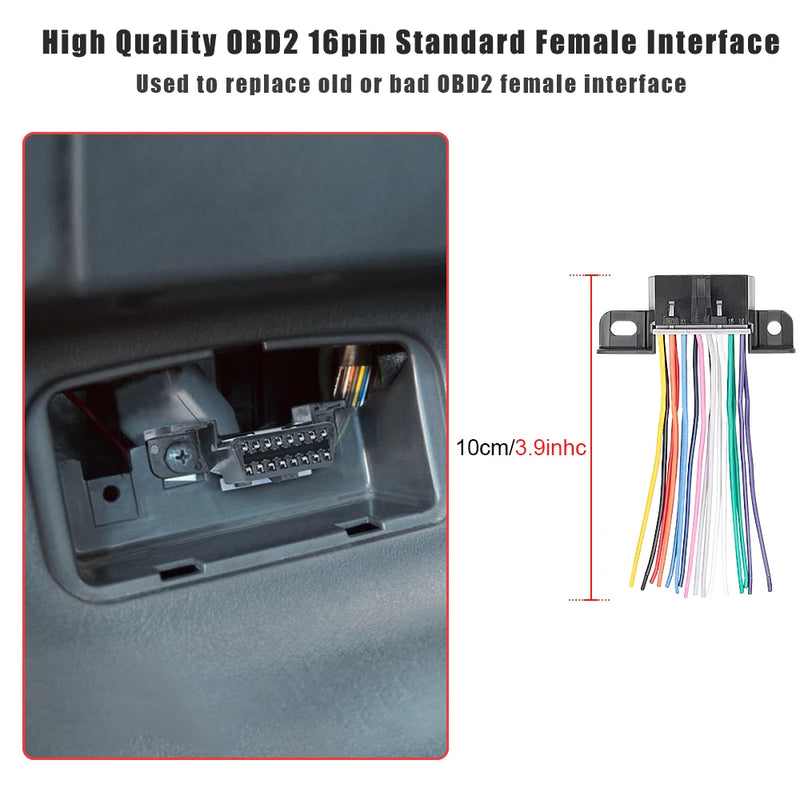 Ferramenta de Diagnóstico Automotivo Feminino, OBD 2 Conector, DIY Cabo de Extensão para VW, Toyota, Honda, J1962, 16Pin, 10cm, DIY