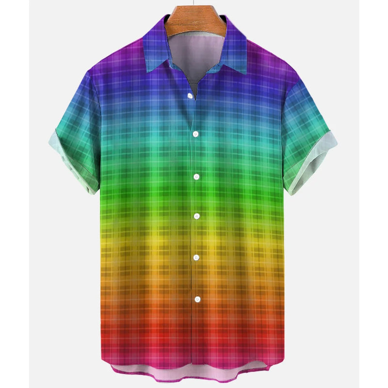 Camisa xadrez colorida masculina arco-íris havaiana, moda 3D extragrande, manga curta casual, roupa de praia de botão simples, verão