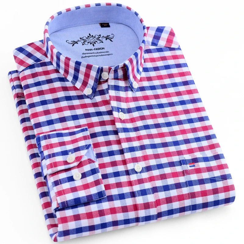 Trabalho masculino casual regular-ajuste oxford listrado xadrez camisas único remendo bolso manga longa grosso guingão listrado camisa