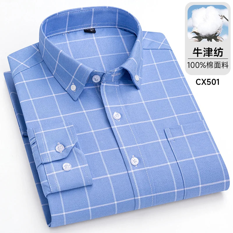 Novo 100% algodão oxford masculino listrado camisas xadrez masculino negócios casual de alta qualidade camisa de manga longa para homens camisa de botão S-7XL