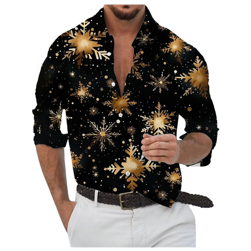 Flocos de neve dourados impressos em 3D masculino Camisa, Abotoados, Manga comprida, Ao ar livre, Colarinho, Roupas, Dia, Dia, 2024