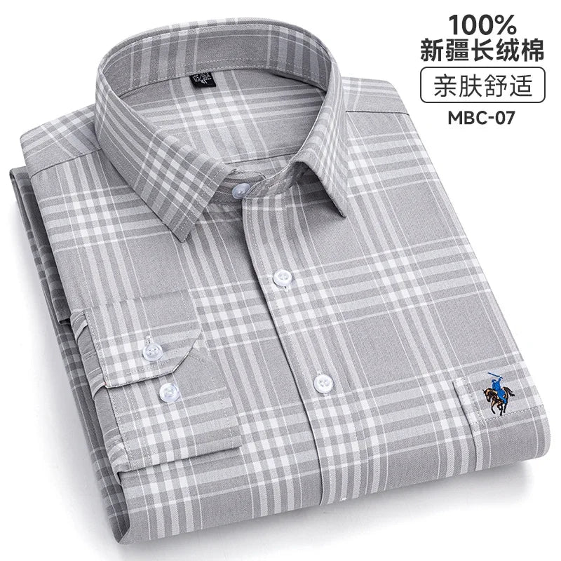 Novo xadrez manga longa camisas para homem algodão clássico verificado primavera turn down collar plus size roupas masculinas camisa macia