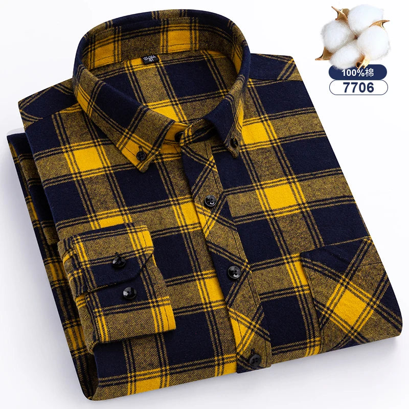 7XL 8XL Plaid Shirts For Men's Long Sleeve Cotton Fashion Single Patch Pocket Design  Casual Standard-Fit Thick Flannel Shirt