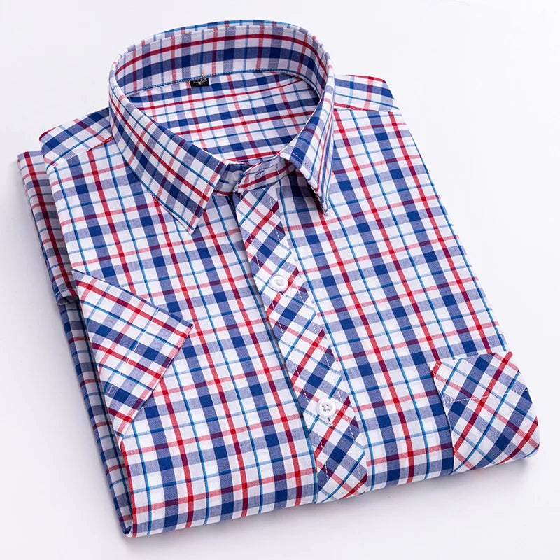 Camisa xadrez de algodão manga curta masculina, design de bolso único, casual jovem, ajuste padrão, elegante