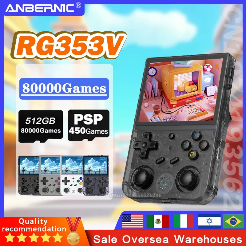 Anbernic rg353v rg353vs jogador de jogo portátil 3.5 polegadas tela ips máquina de jogo portátil android linux os psp jogo 512g 80000 jogos