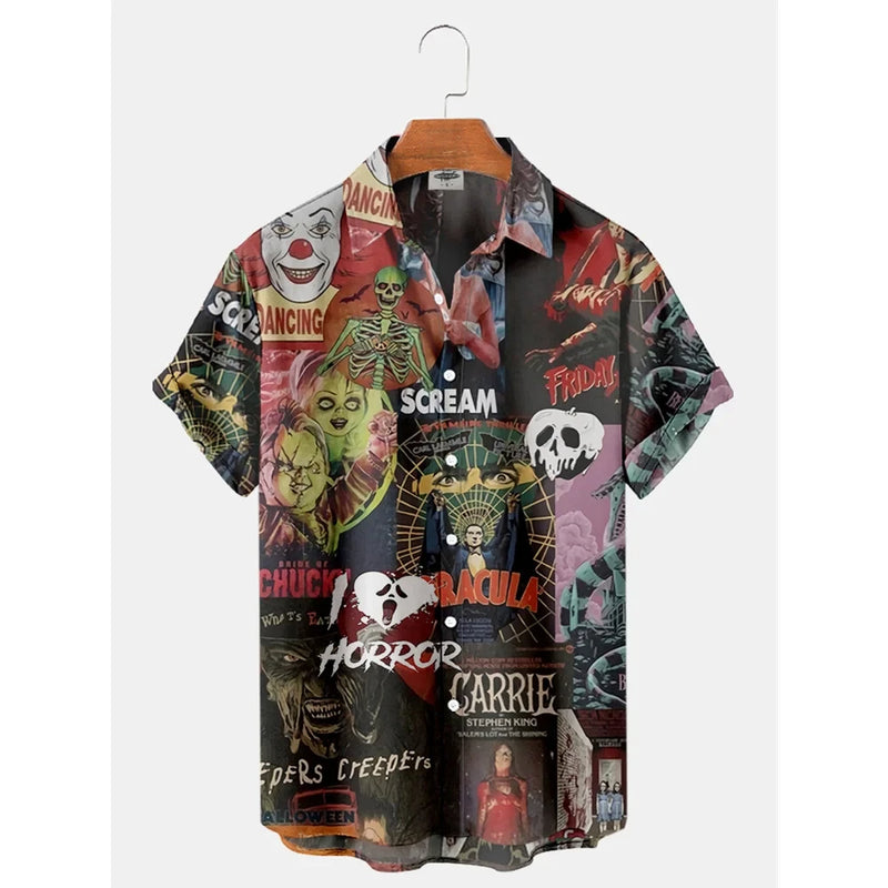 Camisa de desenho animado masculina, top estampado 3D, moda casual, mangas curtas, lapela de botão, streetwear, extragrande, roupa unissex