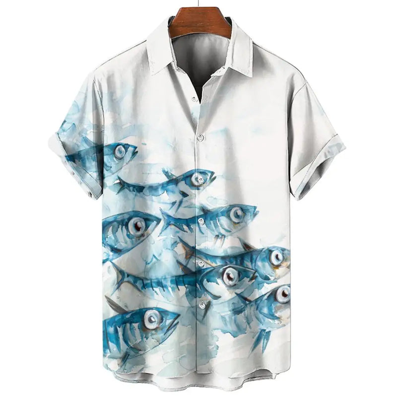 Camisa havaiana com impressão 3D masculina, piscicultura, botão, manga curta, streetwear de lapela, blusa, moda verão