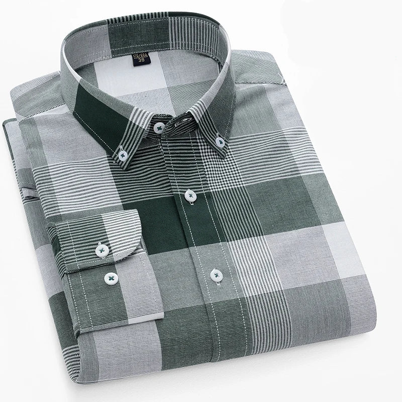 Camisa Oxford xadrez casual masculina, confortável, de algodão puro, com botões, ajuste regular, listrada, social, de alta qualidade