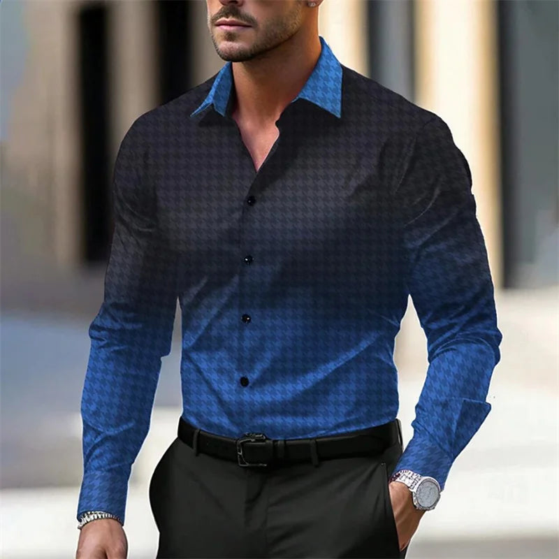 Camisa casual de manga comprida masculina, mudança de cor azul, xadrez, impressão 3D, formal, primavera, verão, lapela, S-5XL, 2022