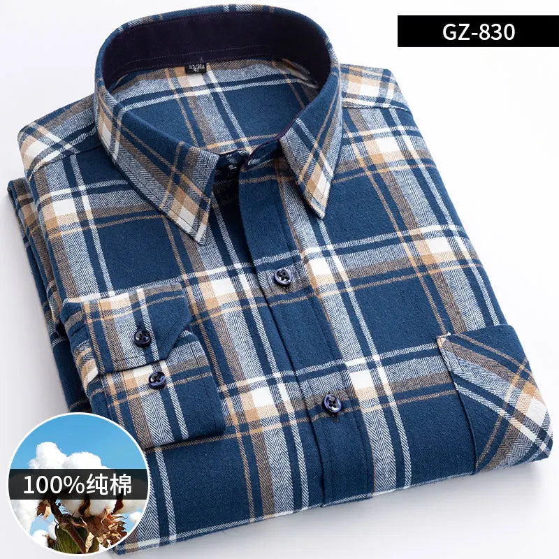 Moda masculina 100% algodão grosso escovado flanela camisas único remendo bolso manga longa padrão-ajuste xadrez xadrez xadrez camisa casual