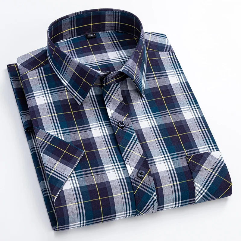 Camisa xadrez de algodão manga curta masculina, design de bolso único, casual jovem, ajuste padrão, elegante