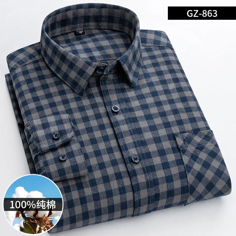 Moda masculina 100% algodão grosso escovado flanela camisas único remendo bolso manga longa padrão-ajuste xadrez xadrez xadrez camisa casual