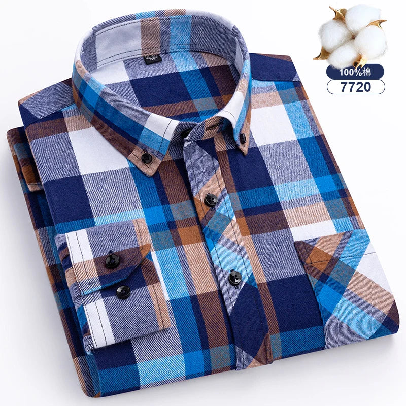 7XL 8XL Plaid Shirts For Men's Long Sleeve Cotton Fashion Single Patch Pocket Design  Casual Standard-Fit Thick Flannel Shirt