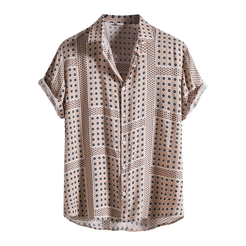 Blusa casual de manga curta masculina solta, camisa xadrez houndstooth masculina, blusa havaiana de praia de botão, verão 2024