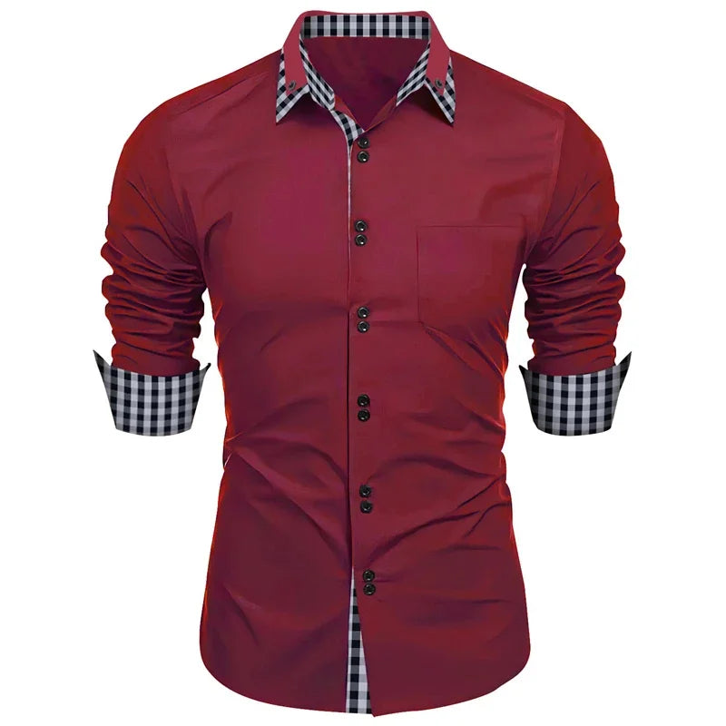 Camisa dupla de manga comprida masculina, monocromática, solta, clássica, havaiana, de negócios, escritório, 11 cores, 6XL, novo