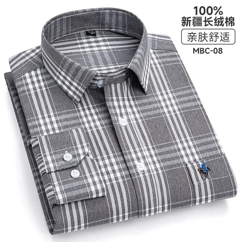 Novo xadrez manga longa camisas para homem algodão clássico verificado primavera turn down collar plus size roupas masculinas camisa macia