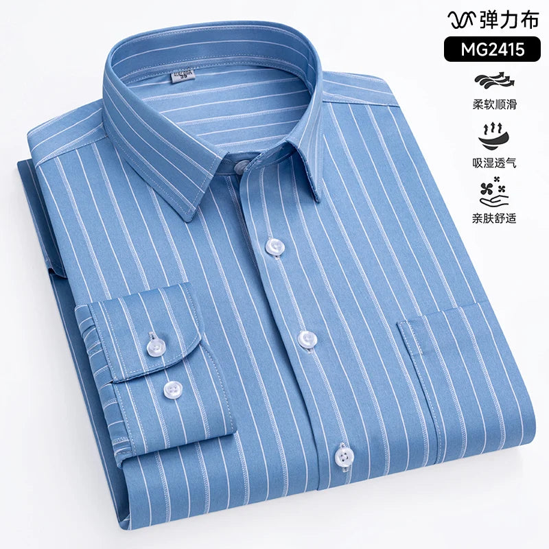 Camisa de manga comprida listrada anti-rugas masculina, camisa xadrez formal, slim fit, stretch, social, negócio, novo, S-5XL