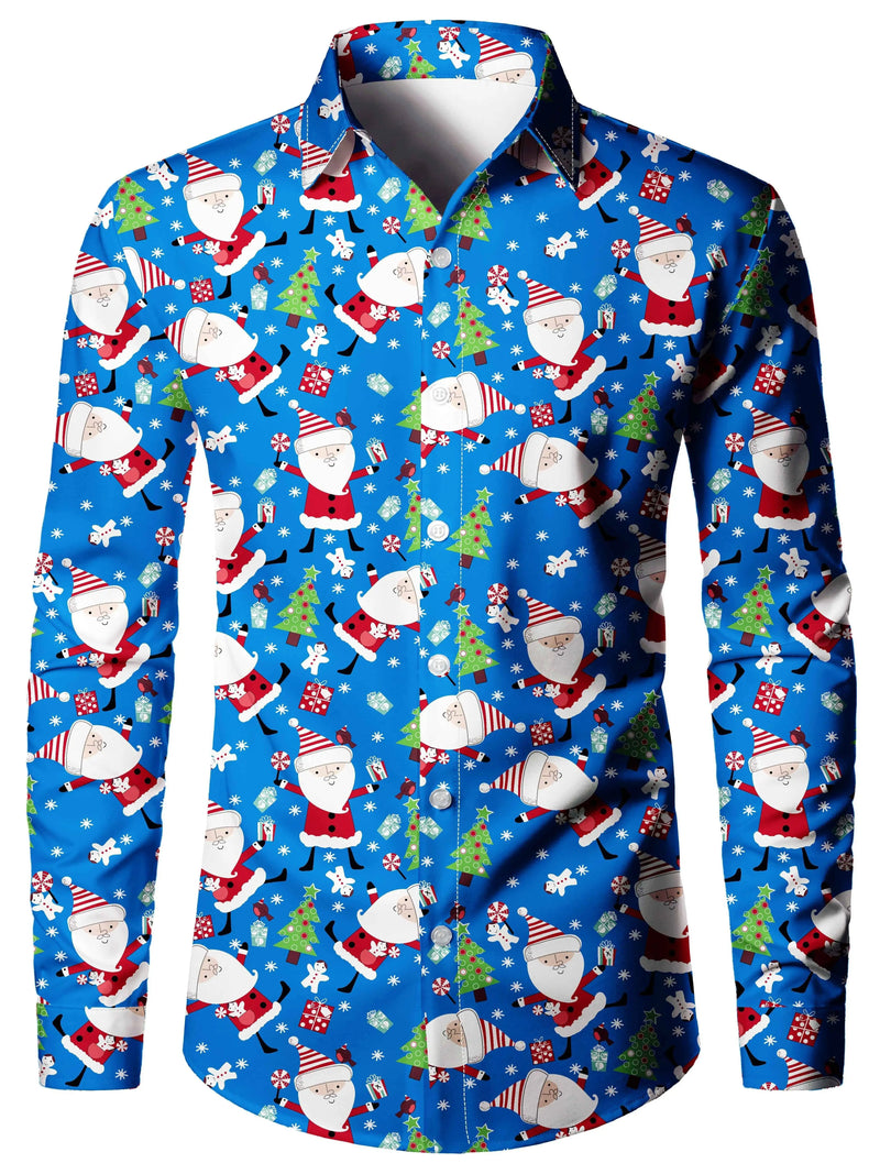 Tema do festival de natal masculino 3d impresso camisas formais árvore de natal papai noel gráfico camisa de manga longa moda masculina