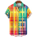 Camisa xadrez colorida masculina arco-íris havaiana, moda 3D extragrande, manga curta casual, roupa de praia de botão simples, verão