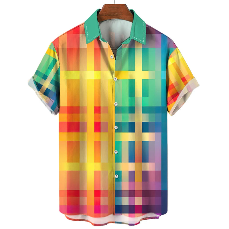 Camisa xadrez colorida masculina arco-íris havaiana, moda 3D extragrande, manga curta casual, roupa de praia de botão simples, verão