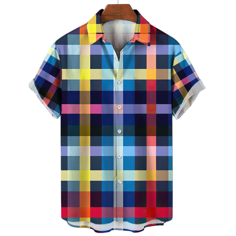 Camisa xadrez colorida masculina arco-íris havaiana, moda 3D extragrande, manga curta casual, roupa de praia de botão simples, verão