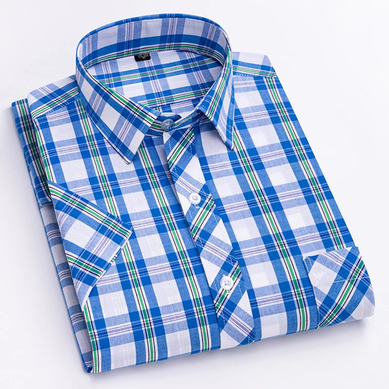 Camisa xadrez de algodão manga curta masculina, design de bolso único, casual jovem, ajuste padrão, elegante