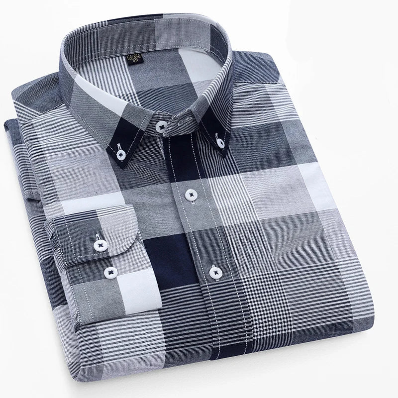 Camisa Oxford xadrez casual masculina, confortável, de algodão puro, com botões, ajuste regular, listrada, social, de alta qualidade