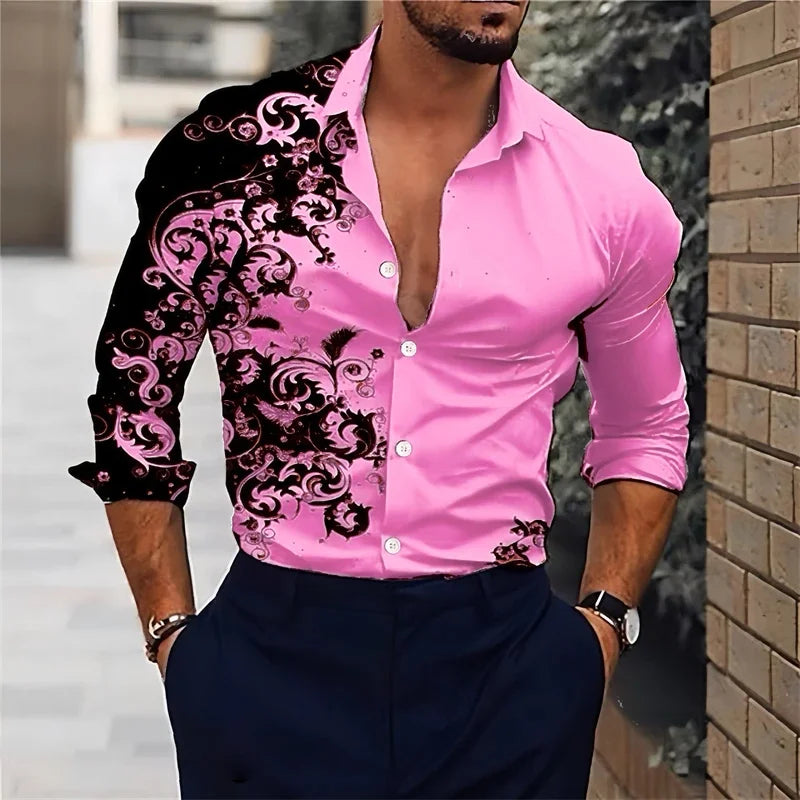 Camisas masculinas de manga comprida com lapela, rosa, preta, tops com botão, plus size, moda, alta qualidade, para homens