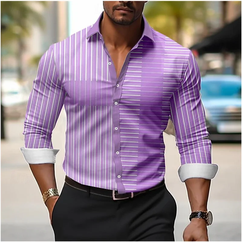 Camisa Xadrez Masculina Estampada, Manga Longa, Tecido Elástico, Lapela, Casual, Rua, Férias, Festa, Primavera e Verão, XS-6XL