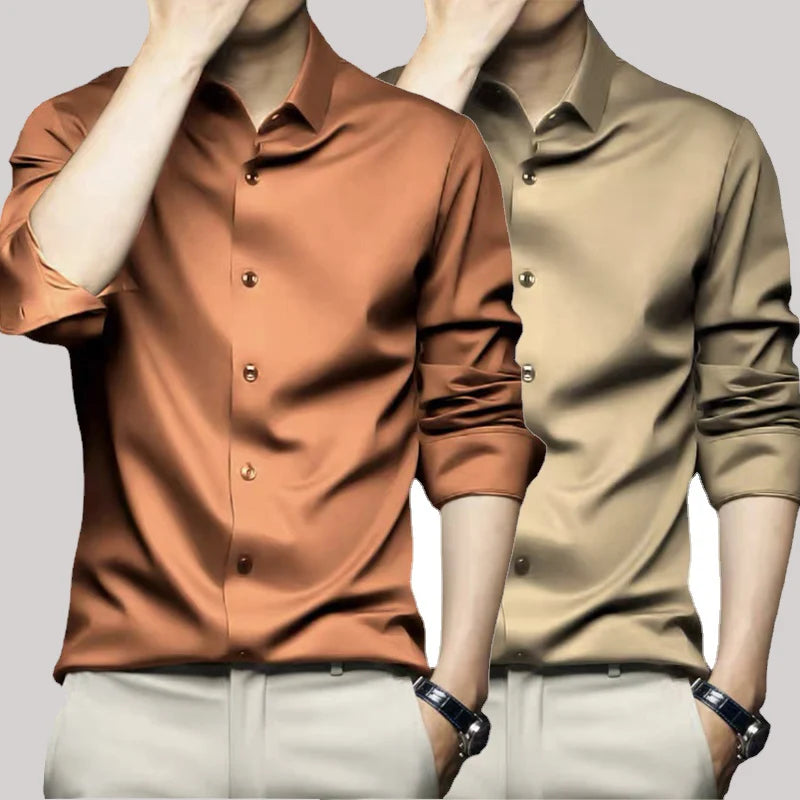 Camisa de manga comprida laranja masculina, Camisa de luxo, Resistente a rugas, Não engomar, Sólido, Business, Casual, X-6XL