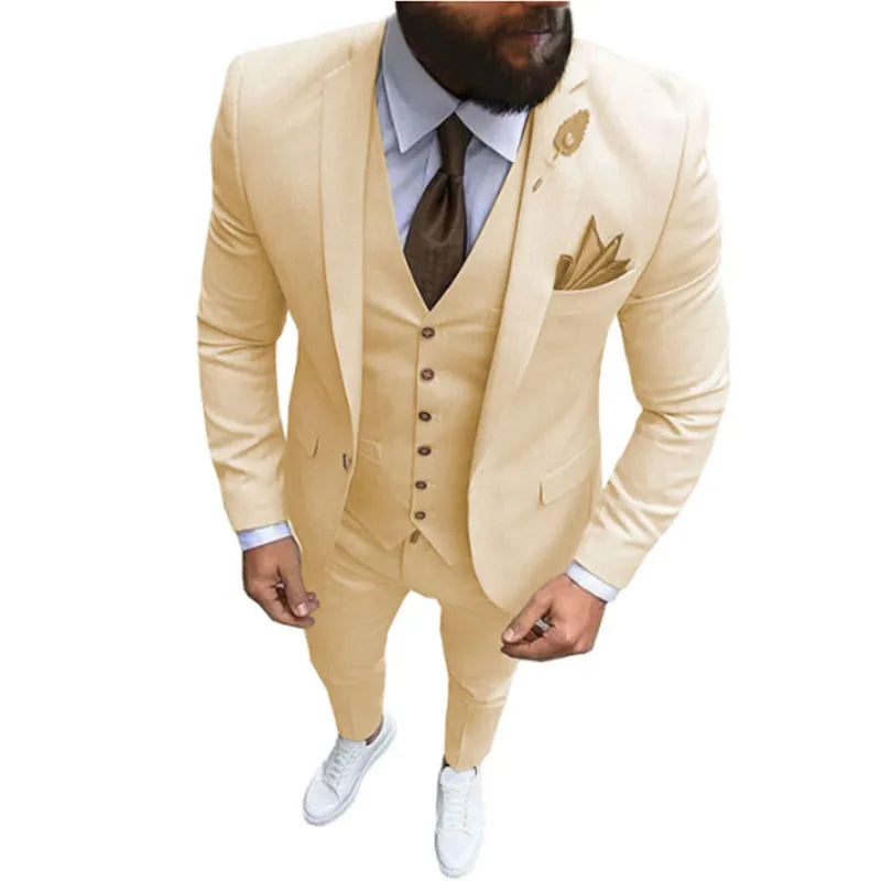 Ternos masculinos de 3 peças, slim fit, formal, casual, negócios, lapela champanhe, smoking formal para padrinhos de casamento (blazer + calça + colete)