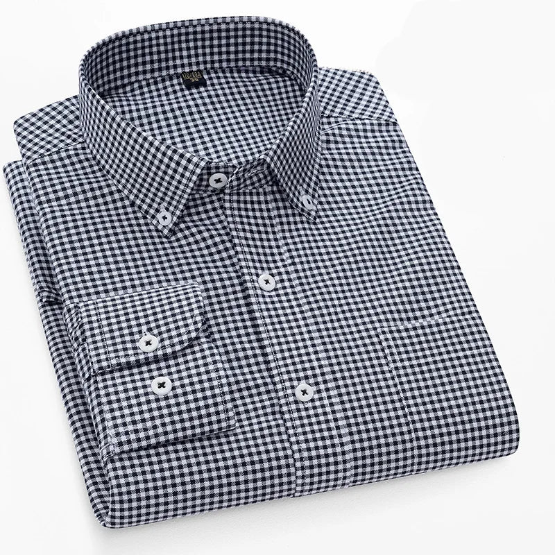 Camisa Oxford xadrez casual masculina, confortável, de algodão puro, com botões, ajuste regular, listrada, social, de alta qualidade