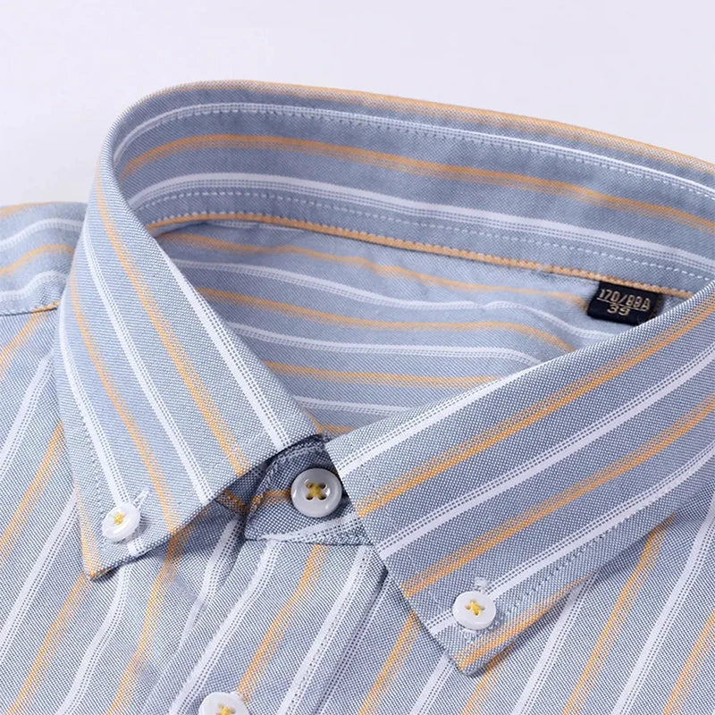 Camisa Oxford xadrez casual masculina, confortável, de algodão puro, com botões, ajuste regular, listrada, social, de alta qualidade