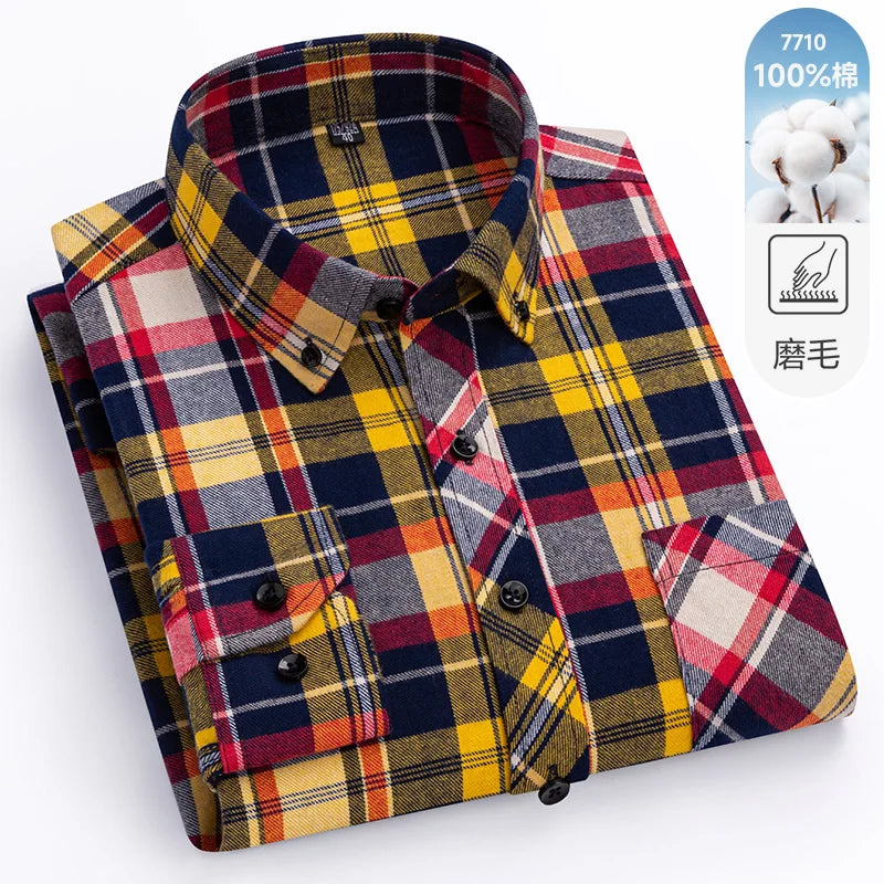 Camisa xadrez de manga longa masculina, 100% puro algodão, flanela, macia, regular-fit, escovada, bolso único, confortável, casual, S-8XL