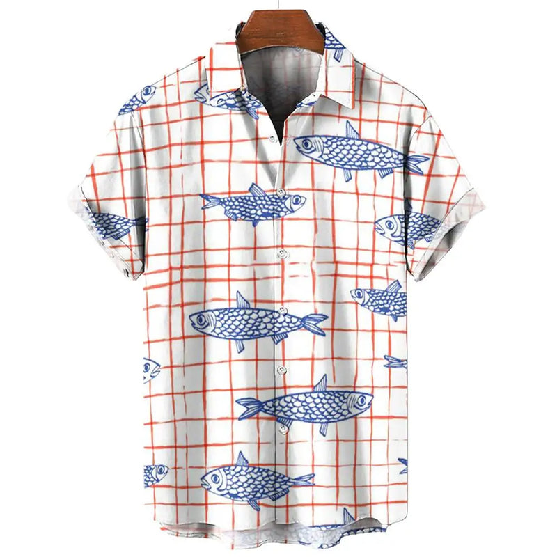 Camisa havaiana com impressão 3D masculina, piscicultura, botão, manga curta, streetwear de lapela, blusa, moda verão