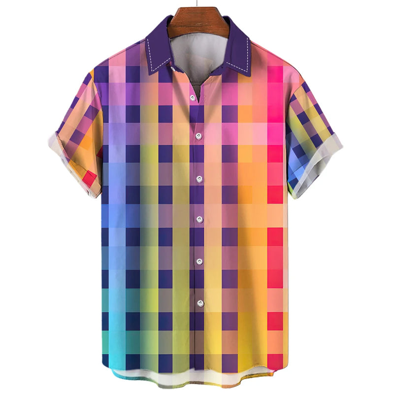 Camisa xadrez colorida masculina arco-íris havaiana, moda 3D extragrande, manga curta casual, roupa de praia de botão simples, verão