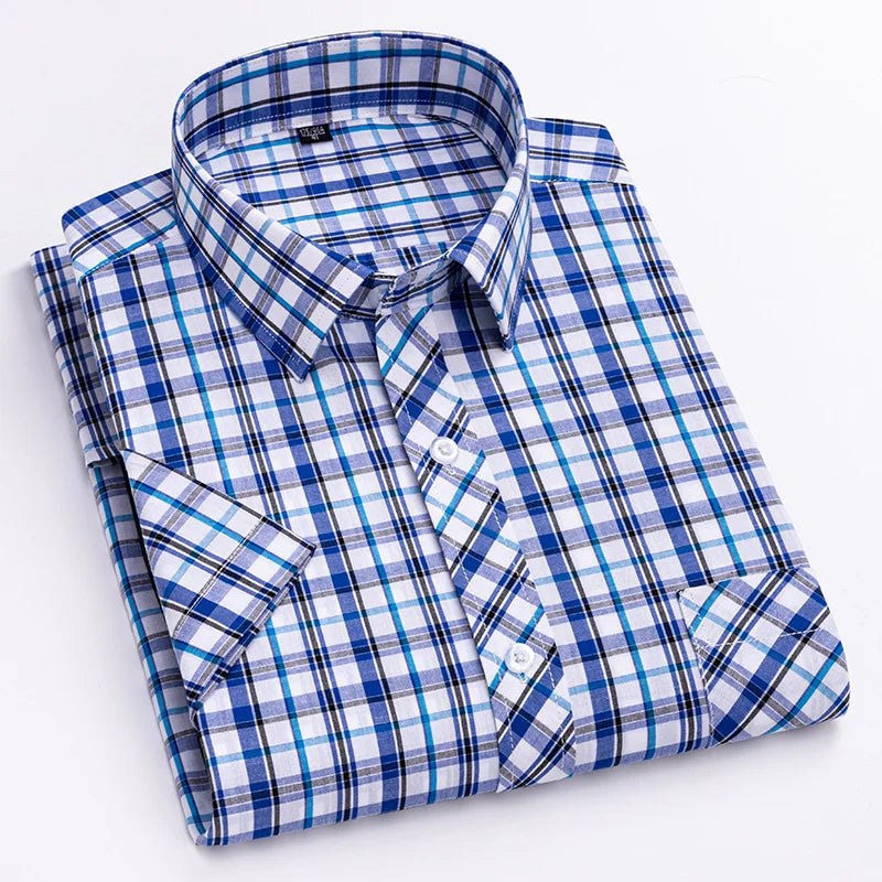 Camisa xadrez de algodão manga curta masculina, design de bolso único, casual jovem, ajuste padrão, elegante